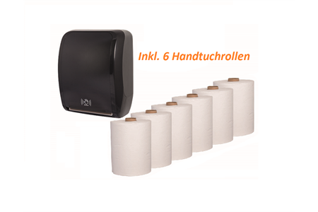 1 Manser Handtuchspender mit Sensor (schwarz) + 6 Handtuchrollen